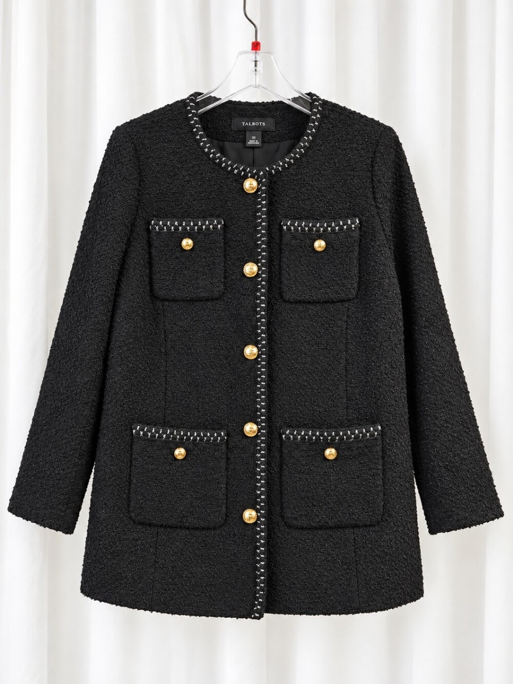 Talbots Black Bouclé Wool Blend Metallic Trim Crest Buttons Classic Dress Coat